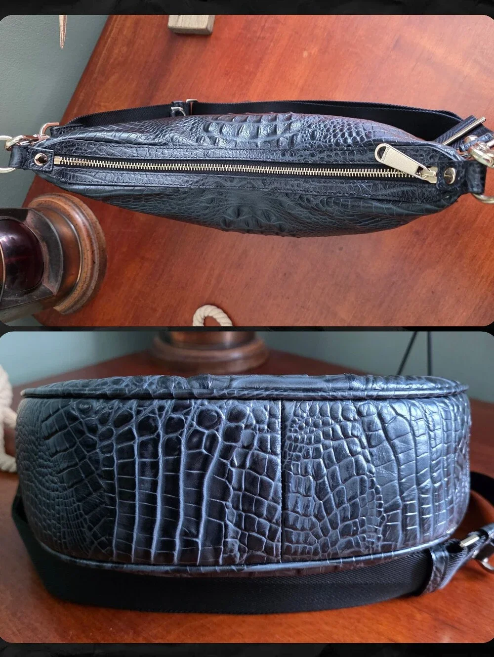 Brahmin Percy Black Alden Road Croc Embossed Crescent Crossbody Bag